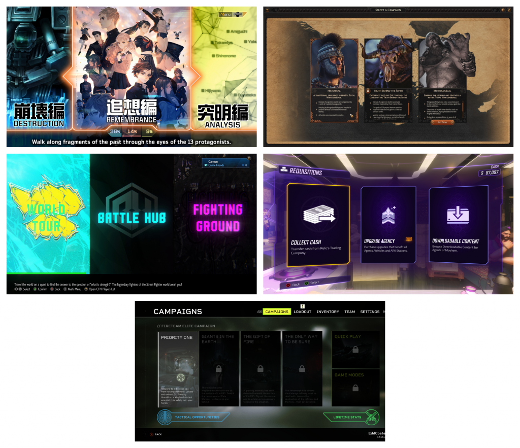A mood board featuring game user interfaces that will inspire the main menu of Slither n' Sizzle.