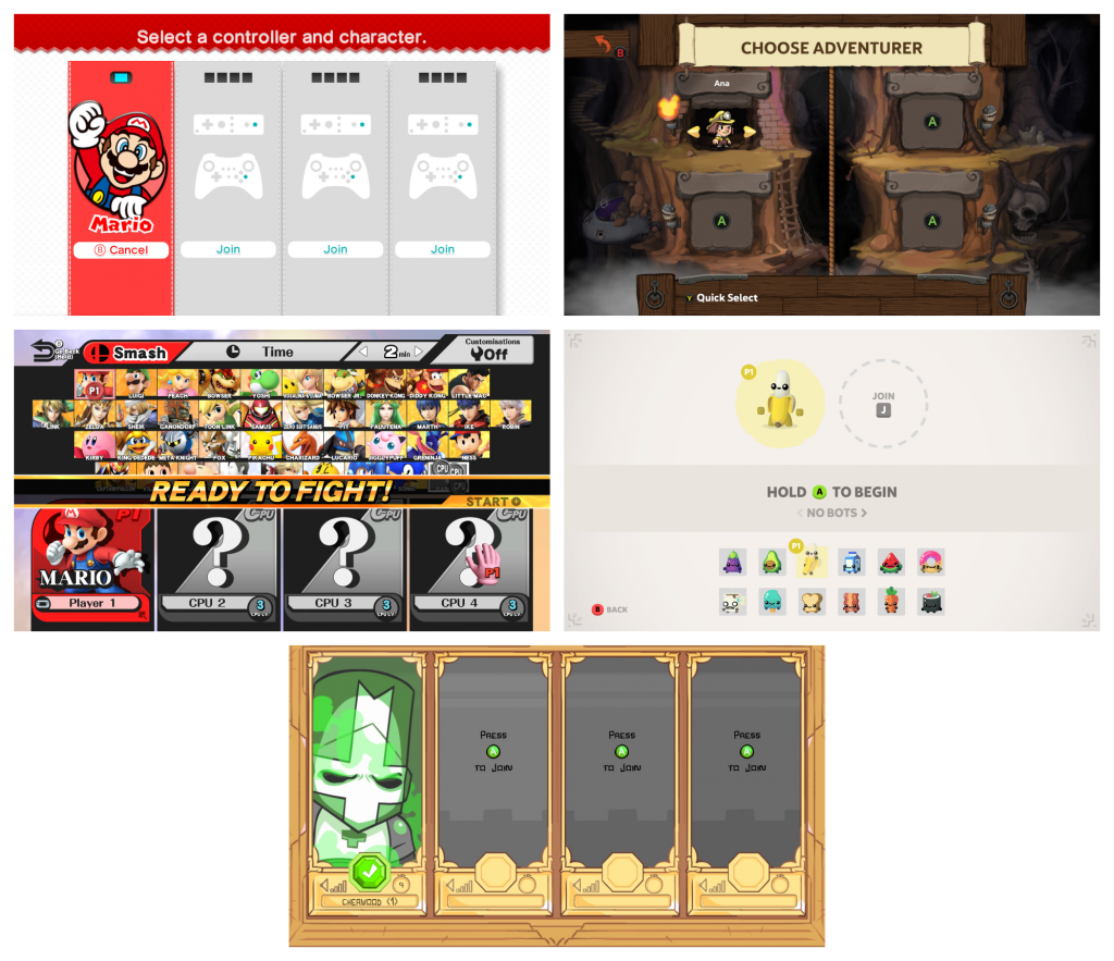 A mood board featuring game user interfaces that will inspire the team select menu of Slither n' Sizzle.