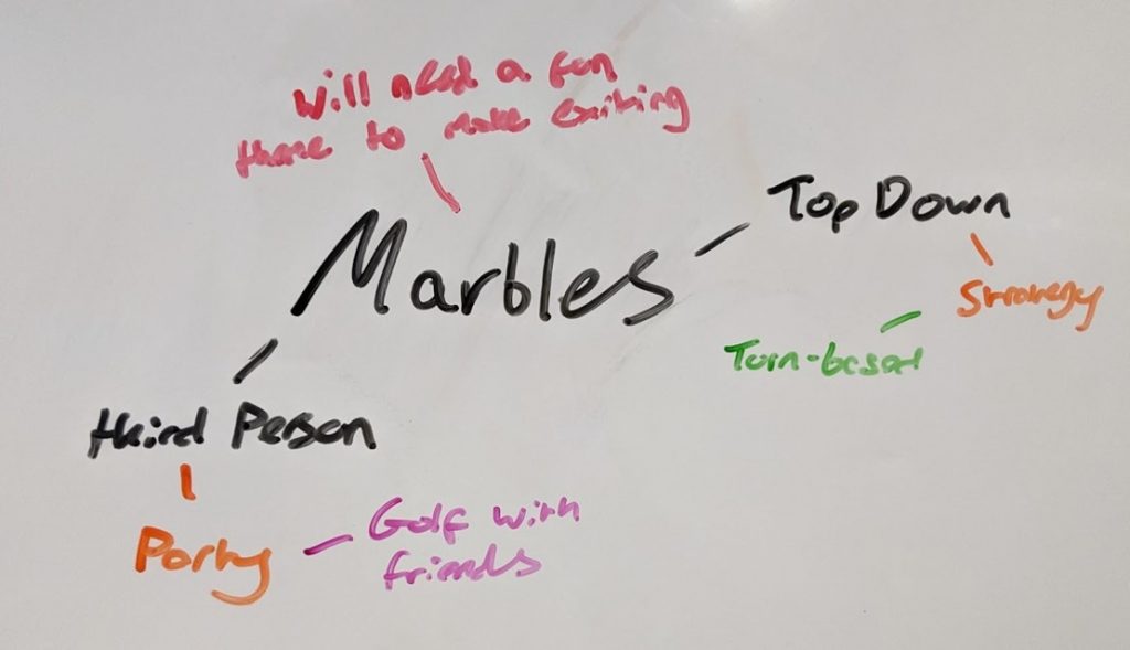 A mind map illustrating the brainstorming process for the playground game 'marbles'.