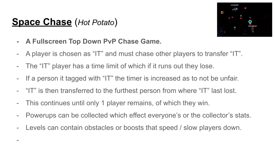 A slide from the concept presentation, featuring a concept called 'space chase', inspired by the playground game 'hot potato'.