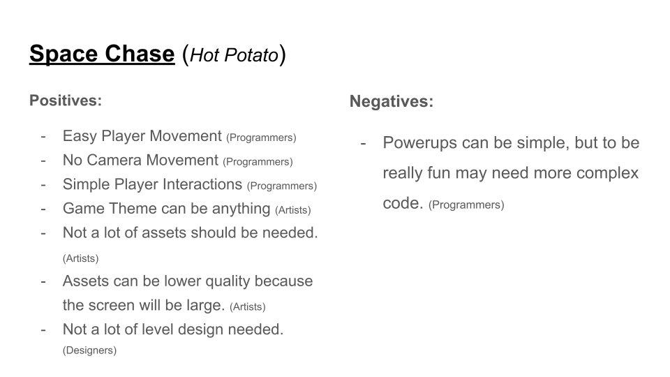 A slide from the concept presentation, featuring the positives and negatives to developing the concept: 'space chase'.