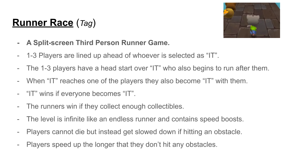 A slide from the concept presentation, featuring a concept called 'runner race', inspired by the playground game 'tag'.