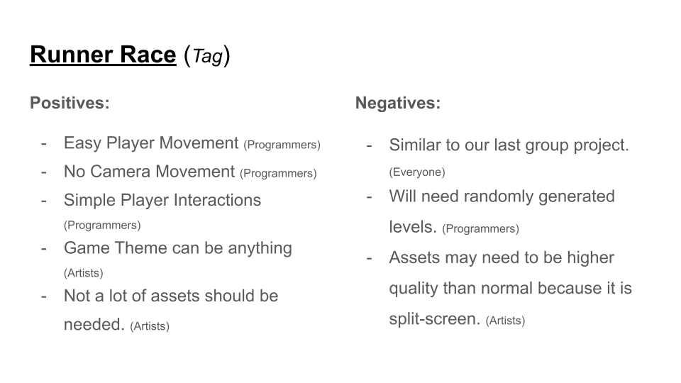 A slide from the concept presentation, featuring the positives and negatives to developing the concept: 'runner race'.