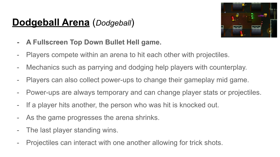 A slide from the concept presentation, featuring a concept called 'dodgeball arena', inspired by the playground game 'dodgeball'.