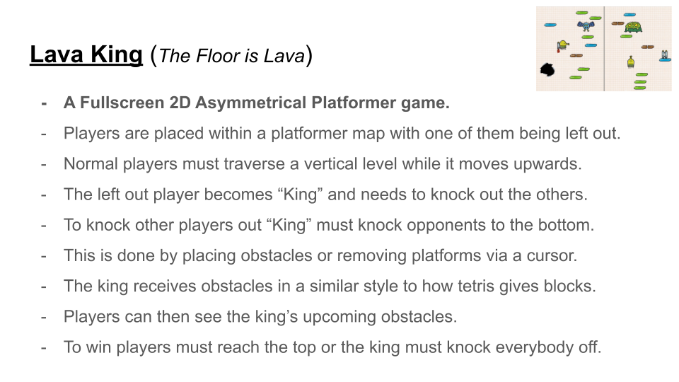 A slide from the concept presentation, featuring a concept called 'lava king', inspired by the playground game 'the floor is lava'.