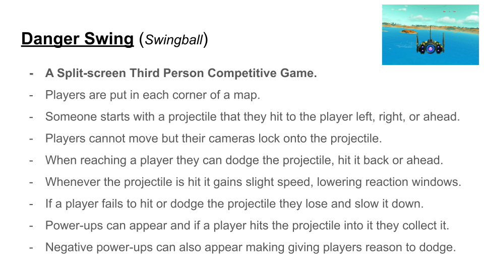A slide from the concept presentation, featuring a concept called 'danger swing', inspired by the playground game 'swingball'.