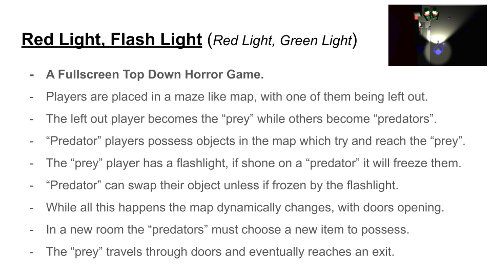 A slide from the concept presentation, featuring a concept called 'red light, flash light', inspired by the playground game 'red light, green light'.