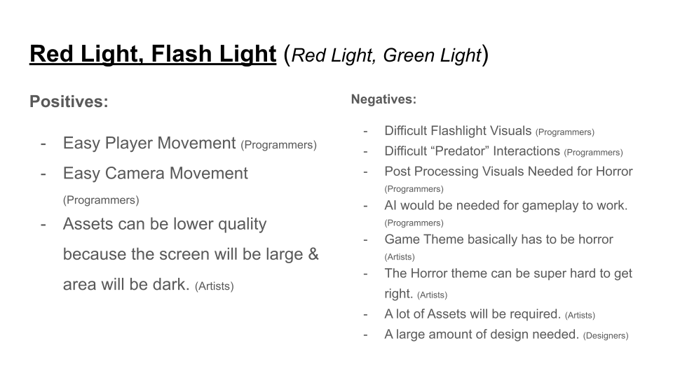 A slide from the concept presentation, featuring the positives and negatives to developing the concept: 'red light, flash light'.