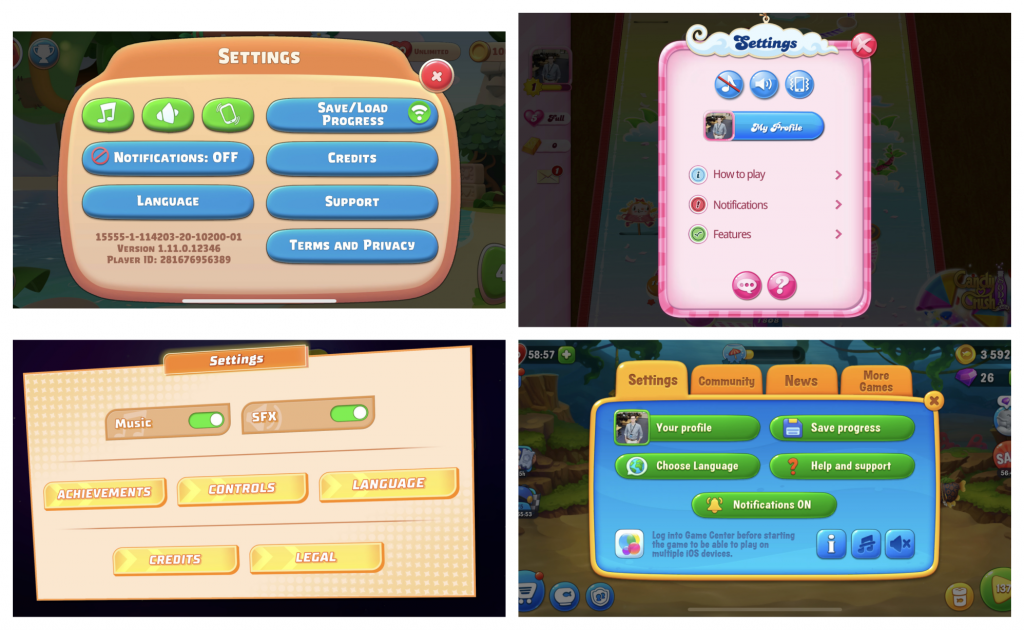 A mood board featuring game user interfaces that will inspire the settings Menu of Click & Mix.