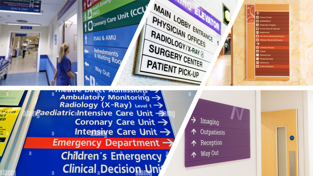 A mood board featuring various hospital direction signs.