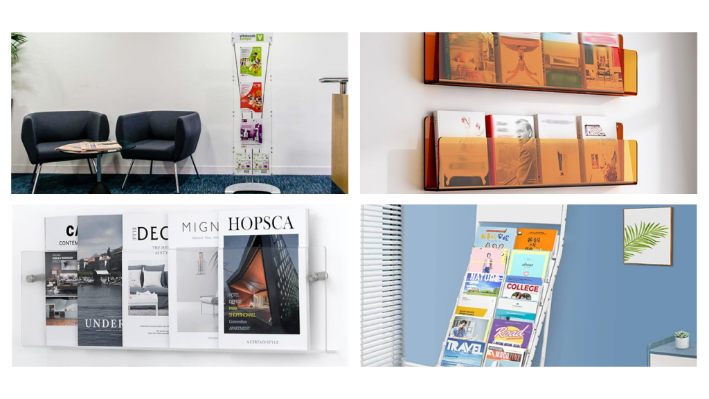 A mood board featuring various waiting rooms and magazine shelves.