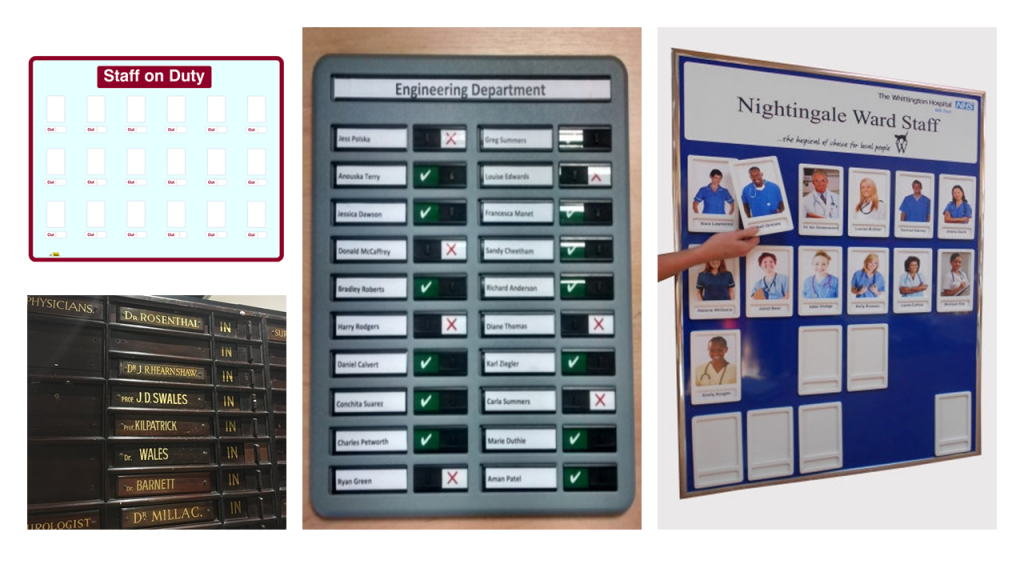 A mood board featuring various hospital staff boards.